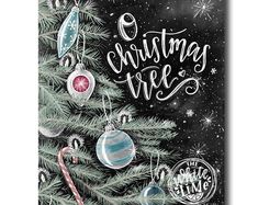 a chalkboard christmas tree with ornaments hanging from it's branches and the words, christmas