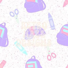 the back to school wallpaper is colorful and has various items on it, including a backpack