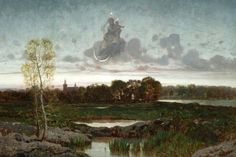 an oil painting of two people riding horses over a river with trees in the background