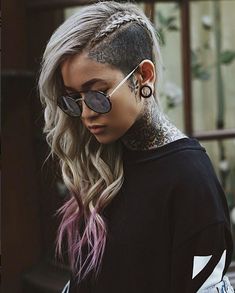 Womens Side Shaved Hair Long, Long Hairstyles Shaved Side, Hairstyles For Half Shaved Heads, Woman With Fade Haircut, Shaved Viking Hair Women, Long Hair Half Shaved Hairstyles, Half Shave Haircut For Women, Viking Braids Female Shaved Sides, Long Mohawk Women