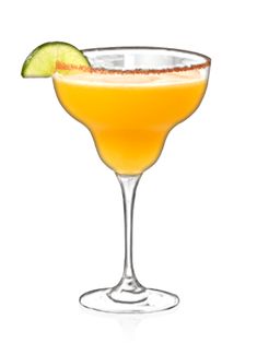 an orange cocktail with a lime slice on the rim