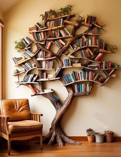 a tree shaped bookshelf in the corner of a room