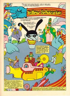 an advertisement for yellow submarine with cartoon characters in the back ground and on top of it