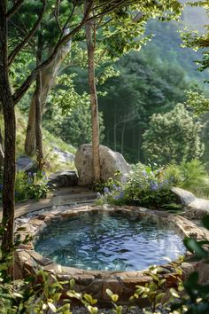 Serene backyard with a stone hot tub surrounded by lush greenery and tall trees. Perfect hot tub landscaping idea for a tranquil outdoor spa retreat. Hot Tub Natural Landscape, Water Tank Hot Tub, Hot Tubs Ideas Backyard, Landscaping Hot Tub, Hot Tub With Waterfall, Backyard Hot Tub Ideas, Hot Tub Ideas Backyard, Natural Hot Tub, Rustic Hot Tubs