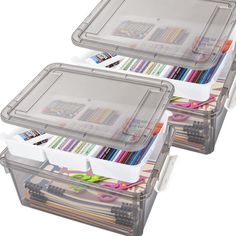 two clear plastic storage containers filled with colored pencils