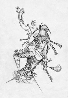 an ink drawing of a person holding two swords and wearing a helmet with flowers on it