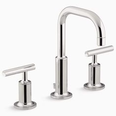 two chrome faucets with handles on each side and one handle for the other