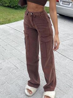 Y2k Cargo Baggy Jeans High Waist Plain Straight Leg Jeans - AnotherChill Jeans Marron, Celana Kargo, Jeans Korean, Brown Denim, Brown Jeans, Jeans Cargo, Denim Patterns, Looks Street Style, 90s Streetwear