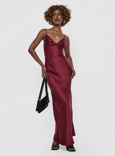 Satin maxi dress Elasticated shoulder straps, v-neckline, twist detail at bust, invisible zip fastening at side Non-stretch material, fully lined Princess Polly Lower Impact Main: 100% reclaimed polyester, Lining: 100% polyester Cold hand wash Fall Wedding Guest Dress Maroon, Couture, Deep Red Long Dress, Wine Party Dress, Burgundy Dress Jewelry, Cocktail Fall Wedding Attire, Burnt Orange Wedding Guest Dress, Jewel Tone Dresses Formal, Red Wine Dresses