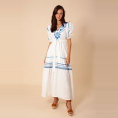 Lightweight Embroidered Linen
Voile Lining 
Slim Fit Through Body
Voluminous Tiered Skirt
Invisible Zip at Back
Trim Detailing at Body
Puff Sleeve with Elastic Smocking Above Elbow
Tie Belt at Waist
Above the Knee Length (35.5" HPS) Above Elbow, Embroidered Linen, Linen Maxi Dress, Invisible Zip, Maxi Dress Blue, Tiered Skirt, Dress Suits, Linen Dress, Tie Belt