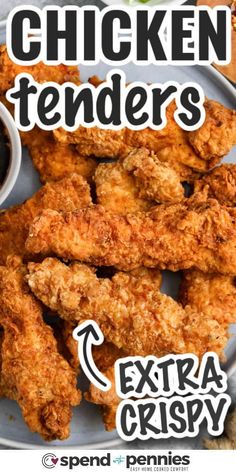 chicken tenders on a plate with dipping sauce