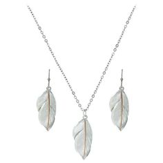 Use the subtle softness of feathers to complement your look with Montana Silversmiths Downy Feather Jewelry Set. Delicate striation details on each feather capture the softness of this jewelry set. Each feather features a small vein of rose gold finish along the shaft. Matching earrings swing from hypoallergenic, stainless steel French hooks. 99% fine silver plate and 14 kt. rose gold with brass base. Lobster clasp on necklace. Chain length: 19". Necklace pendant: 0.75"L x 0.25"W. Earring pendan Montana Silversmith Jewelry, Western Necklaces, Feather Necklace, Feather Jewelry, Feather Necklaces, Western Jewelry, Themed Jewelry, Women Accessories Jewelry, Matching Earrings