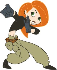 an orange haired woman in black shirt and green pants with her hands up to the side