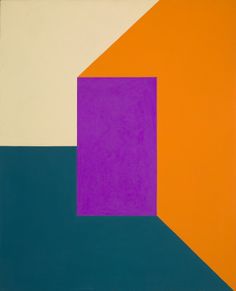 an abstract painting with purple, orange and blue squares in the center on a white background