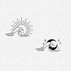 two black and white drawings of the sun, moon and waves on paper with water