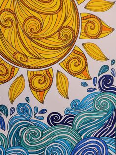 a drawing of a sun with swirls and waves in the ocean on white paper