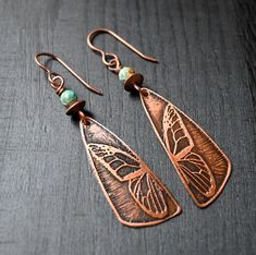 Turquoise Earrings Copper Earrings Etched Copper Earrings - Etsy Etched Copper Jewelry, Copper Jewelry Diy, Copper Enameling, Antique Copper Jewelry, Copper Etching, Copper Earrings Handmade, Enameled Earrings, Copper Butterfly, Etched Jewelry