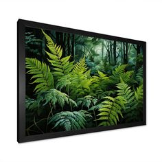 a painting of green plants and trees in the woods on a white wall with black frame