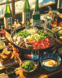 a table filled with food and drinks on top of a wooden table next to windows