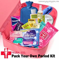 a pink case filled with personal care items and the words pack your own period kit