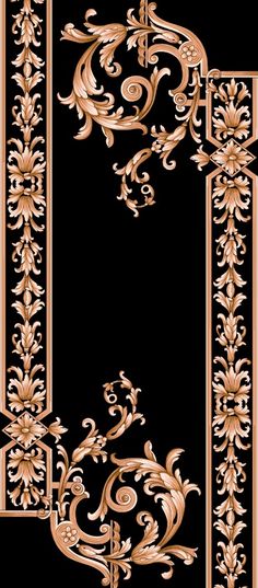 a black and gold wallpaper with an ornate design in the middle, on a black background