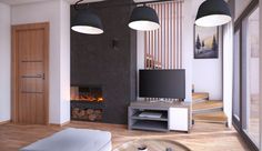 a modern living room with fireplace and tv