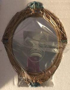 there is a mirror with a skull in the middle and a plastic covering around it