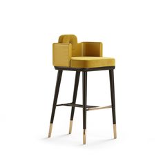 an upholstered bar stool with a yellow seat and backrest, viewed from the front