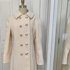 Gorgeous And Heavy! This Vintage Coat Is In Excellent Condition. It Has All Buttons And Hooks, And Lining Is Intact. It Fits A Size 2-4. It Is Floor Length, Very Dressy! Wool Dress Coat, Coats Vintage, Dress Coat, White Rhinestone, Vintage Coat, Wool Dress, Coat Dress, White Vintage, Floor Length