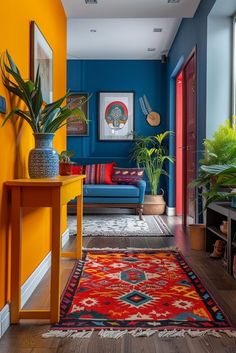 a brightly colored living room with blue walls and wooden floors, potted plants on either side of the couch