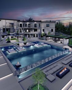 an artist's rendering of a modern mansion with a swimming pool and fire pit