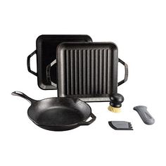 an assortment of cooking utensils including a skillet, spatula and brush