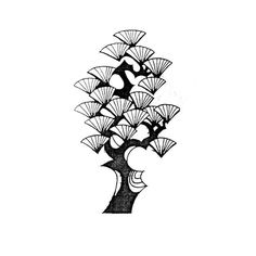 a black and white drawing of a tree with fan shaped leaves on it's branches