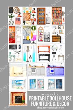 a collage of furniture and decor in different styles, sizes and colors with the words printable dollhouse furniture & decor above it