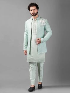 Make a lasting impression in this mint green silk Indowestern, intricately crafted with a embroidery, sequins and resham work that enhances its overall glamour. This ensemble is paired with a bottom. Groom Dress Men, Resham Work, Silk Embroidery, Green Silk