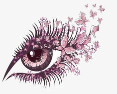 an eye with pink flowers and butterflies in the iris's eyes, drawn by hand