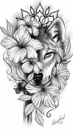 a black and white drawing of a wolf with flowers on it's head, surrounded by leaves