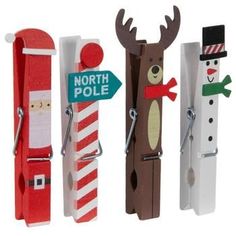 Smallest Size: 2.88" H x 0.96" W x 0.63" D Largest Size: 3.5" H x 1.19" W x 0.63" D Material: Wood & Metal Color: White, Red, Brown & Green Pattern: Stripes Quantity: 8 Dress up your gift tags with these Christmas Gift Tag Clips! Each clip is dressed like a Christmas icon, from Santa to a jolly snowman. One of the clips has a cute little sign that says "North Pole" on it. Attach these clips to cards and letters for a festive touch! Diy Gift Tags Ideas, Decorated Clothes Pins, Xmas Market, School Christmas Gifts, Christmas Art For Kids, Christmas Help, Kindness Gifts, Christmas Gift Tags Handmade, Paper Bag Gift Wrapping