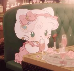 a cartoon cat sitting at a table with wine glasses in front of her and an empty bottle next to it