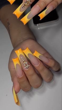 Simple Acrylic Nails, Dope Nail Designs, Long Acrylic Nails Coffin, Exotic Nails, Long Square Acrylic Nails, Unique Acrylic Nails, Orange Nails, Square Acrylic Nails, Yellow Nails