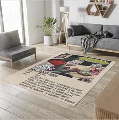 a living room with couches, chairs and a rug on the floor