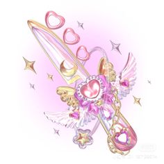 a pink and gold heart shaped object with stars on the bottom, surrounded by hearts