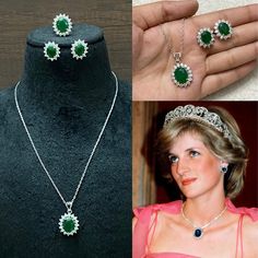 Princess Diana Inspired Green Emerald Diamond Pendant Necklace will enhance your any festive look. Pendant Set features a dark green emerald set in a stunning oval halo design cubic zirconia. Crafted with elegant cubic zirconia that mimics the look of genuine diamonds, this long pendant necklace is a designer replica that exudes timeless beauty. Perfect as a wedding gift, it combines classic elegance with the luxurious appeal of a faux diamond necklace, making it a cherished piece for any specia Diamond Necklace Elegant, Green Diamond Necklace, Princess Diana Jewelry, Emerald Diamond Necklace, Necklace Princess, Emerald Set, Halo Design, Designer Replica, Necklace Making