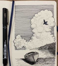 a drawing of a boat in the water with a bird flying over it and clouds above