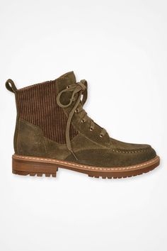 Rugged good looks with refined details. These versatile, midweight boots are made of waxed Italian suede, with moccasin-stitch styling at the toes and corduroy insets at the ankles. Lace-up eyelets and inner zip closures. | Women's "Lonnie" Suede Boots by Söfft - Brown - 8