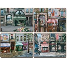 four pictures of different shops on the same street