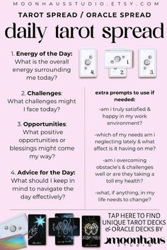 this daily tarot spread layout is a 4-card tarot spread / oracle spread reading that’s been carefully made for daily use. with easy tarot prompts & extra prompts (or journal prompts) if needed, this beginner-friendly daily tarot layout spread gives the overall themes, blessings, complications, and messages for the day. find the tarot decks & oracle decks created by MoonHaus Studio! Divination Methods, Symptom Tracker