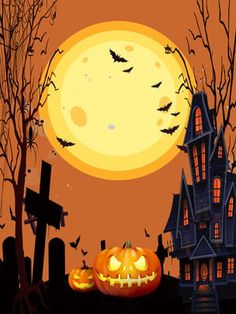 a halloween scene with pumpkins and bats