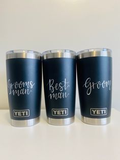 three blue yeti cups with the words grooms, best man and best woman on them