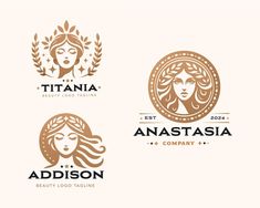 three logos for beauty salons with women's faces in the center and leaves around them